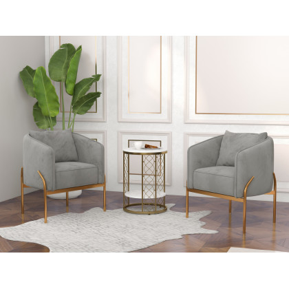 HMR - Velvet Accent Chair with Gold Legs and Pillow in Gray