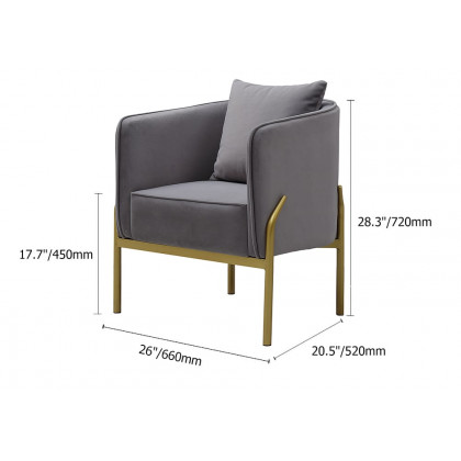 HMR - Velvet Accent Chair with Gold Legs and Pillow in Gray