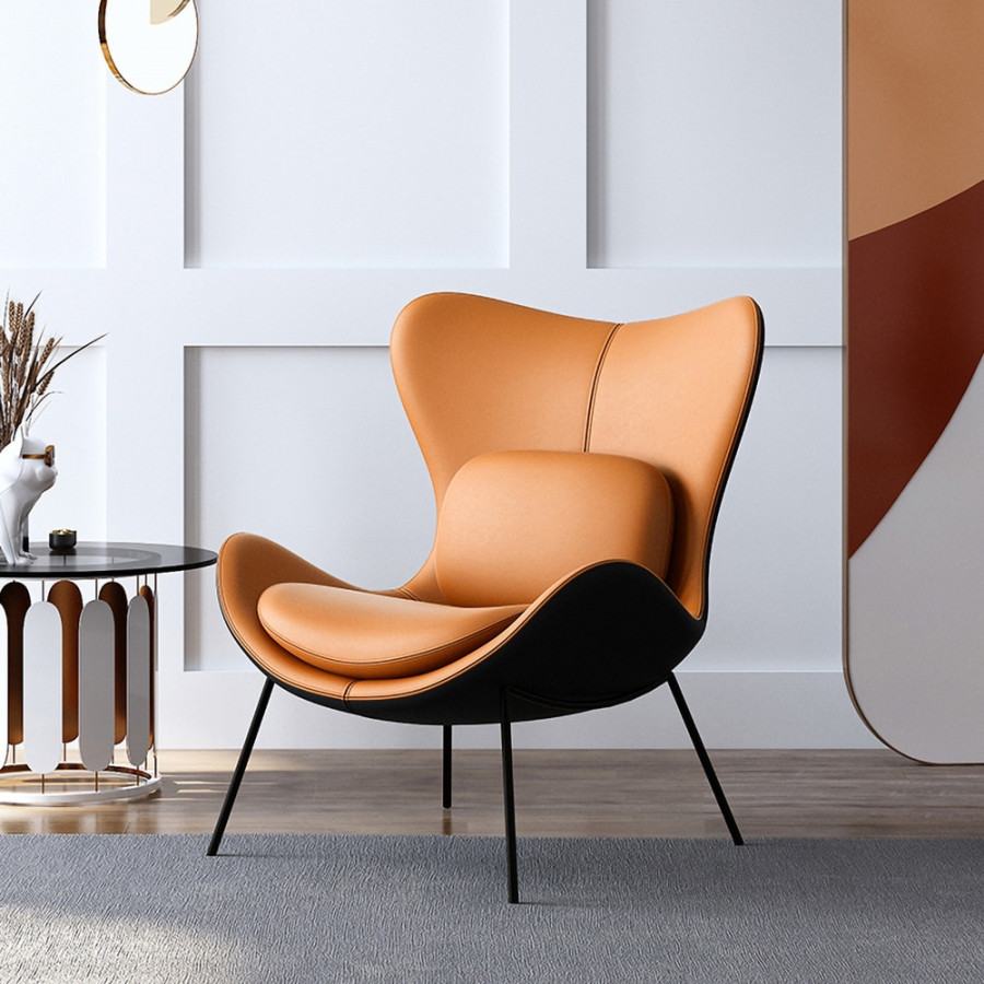 HMR - Accent Chair PU Leather Upholstery with Pillow in Orange and Black