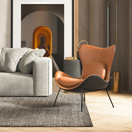 HMR - Accent Chair PU Leather Upholstery with Pillow in Orange and Black