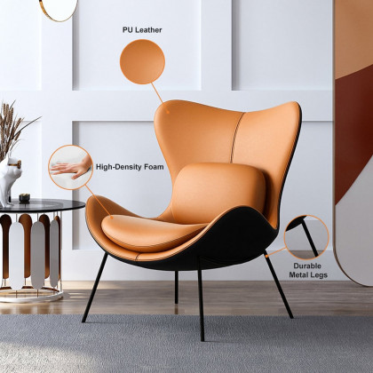 HMR - Accent Chair PU Leather Upholstery with Pillow in Orange and Black