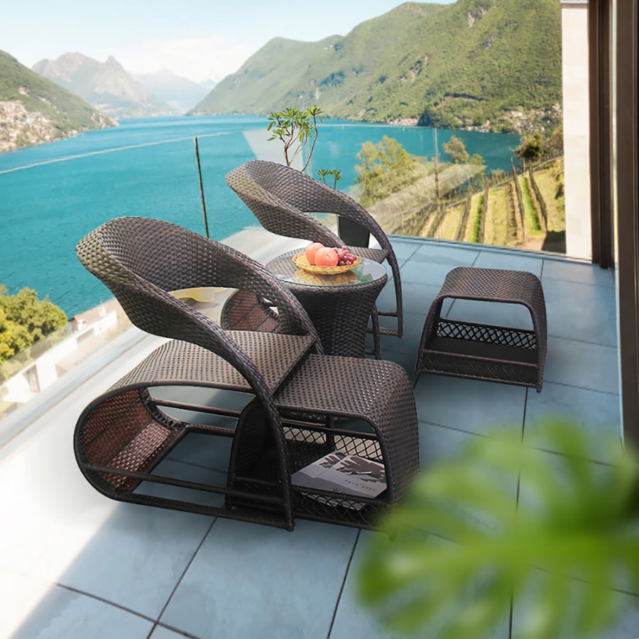 HMR - Outdoor PE Rattan Recliner Chair with Ottoman and Storage (2-Piece Set) in Coffee