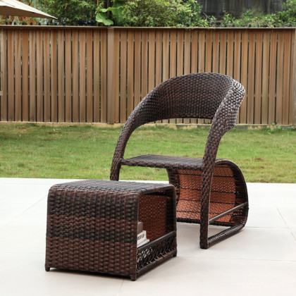 HMR - Outdoor PE Rattan Recliner Chair with Ottoman and Storage (2-Piece Set) in Coffee