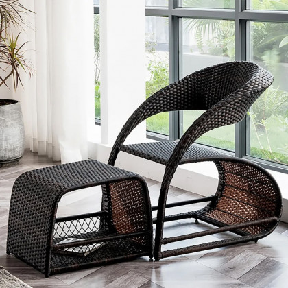 HMR - Outdoor PE Rattan Recliner Chair with Ottoman and Storage (2-Piece Set) in Coffee