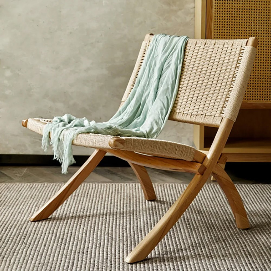 HMR - Folding Recliner Chair Ash Wood Woven Hemp Rope in Natural