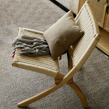 HMR - Folding Recliner Chair Ash Wood Woven Hemp Rope in Natural
