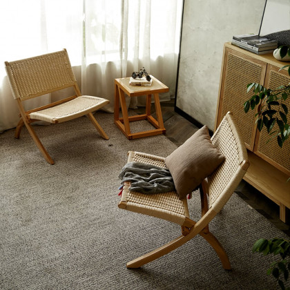 HMR - Folding Recliner Chair Ash Wood Woven Hemp Rope in Natural