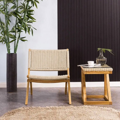 HMR - Folding Recliner Chair Ash Wood Woven Hemp Rope in Natural