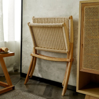 HMR - Folding Recliner Chair Ash Wood Woven Hemp Rope in Natural