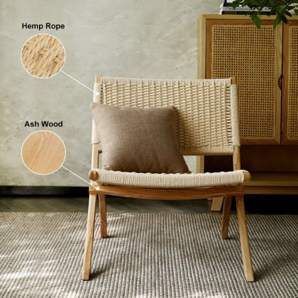 HMR - Folding Recliner Chair Ash Wood Woven Hemp Rope in Natural