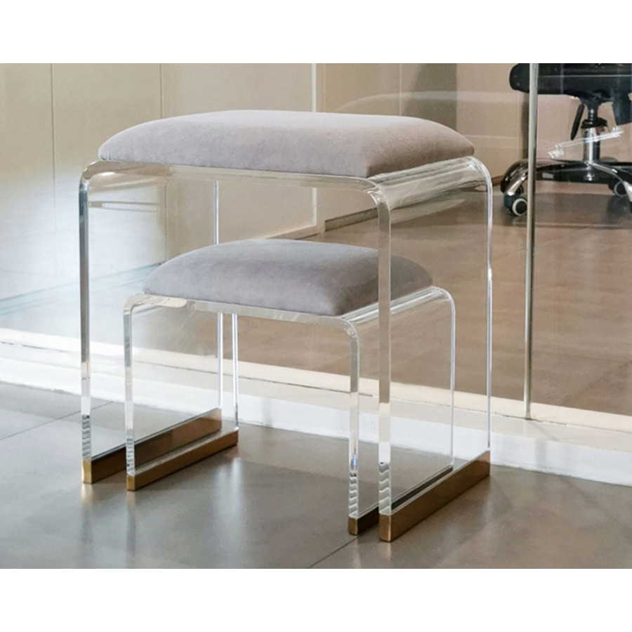 HMR Velvet Upholstered and Acrylic Frame Makeup Vanity Stool and Clear Ottoman - Gray, 12.6"W x 9.1"D x 12.2"H