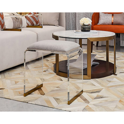 HMR Velvet Upholstered and Acrylic Frame Makeup Vanity Stool and Clear Ottoman - Gray, 12.6"W x 9.1"D x 12.2"H