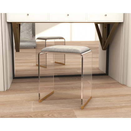HMR Velvet Upholstered and Acrylic Frame Makeup Vanity Stool and Clear Ottoman - Gray, 12.6"W x 9.1"D x 12.2"H