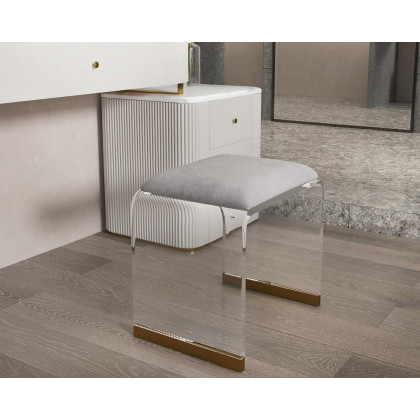 HMR Velvet Upholstered and Acrylic Frame Makeup Vanity Stool and Clear Ottoman - Gray, 12.6"W x 9.1"D x 12.2"H