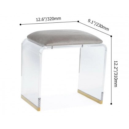 HMR Velvet Upholstered and Acrylic Frame Makeup Vanity Stool and Clear Ottoman - Gray, 12.6"W x 9.1"D x 12.2"H