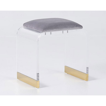 HMR Velvet Upholstered and Acrylic Frame Makeup Vanity Stool and Clear Ottoman - Gray, 12.6"W x 9.1"D x 12.2"H