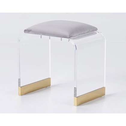 HMR Velvet Upholstered and Acrylic Frame Makeup Vanity Stool and Clear Ottoman - Gray, 12.6"W x 9.1"D x 12.2"H