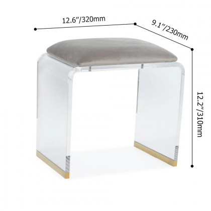 HMR Velvet Upholstered and Acrylic Frame Makeup Vanity Stool and Clear Ottoman - Gray, 12.6"W x 9.1"D x 12.2"H