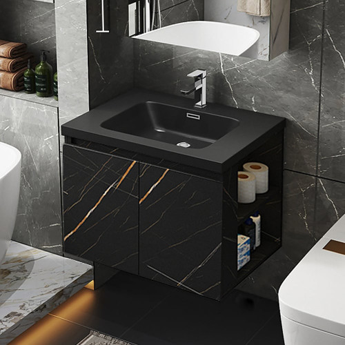 HMR Wall-Hung Bathroom Vanity with Top Stone Slate Vessel/Sink - Black, Faux Marble