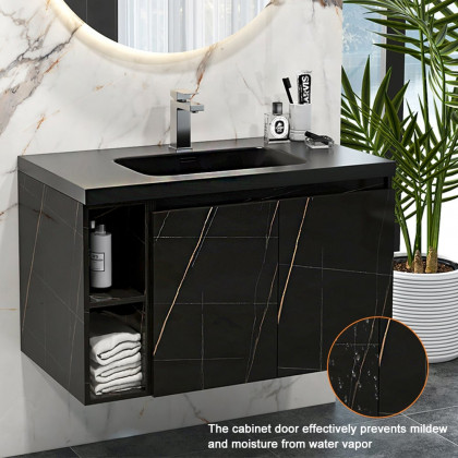 HMR Wall-Hung Bathroom Vanity with Top Stone Slate Vessel/Sink - Black, Faux Marble