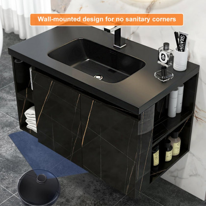 HMR Wall-Hung Bathroom Vanity with Top Stone Slate Vessel/Sink - Black, Faux Marble