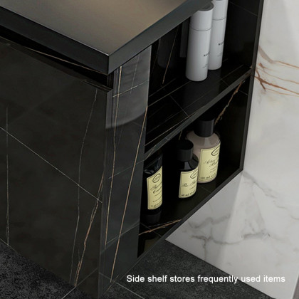 HMR Wall-Hung Bathroom Vanity with Top Stone Slate Vessel/Sink - Black, Faux Marble