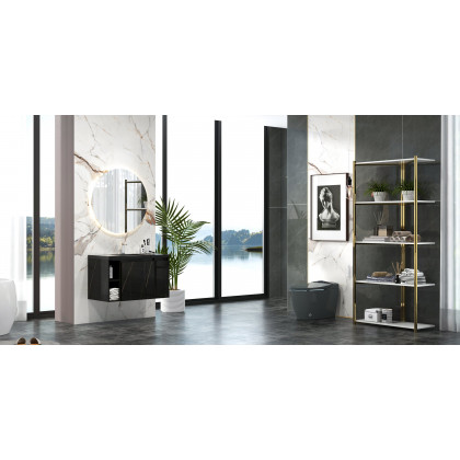 HMR Wall-Hung Bathroom Vanity with Top Stone Slate Vessel/Sink - Black, Faux Marble
