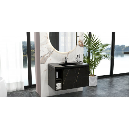 HMR Wall-Hung Bathroom Vanity with Top Stone Slate Vessel/Sink - Black, Faux Marble