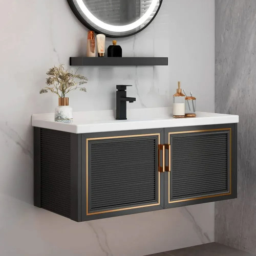 HMR Floating 28" Bathroom Vanity Set Ceramic Sink with Cabinet - Black