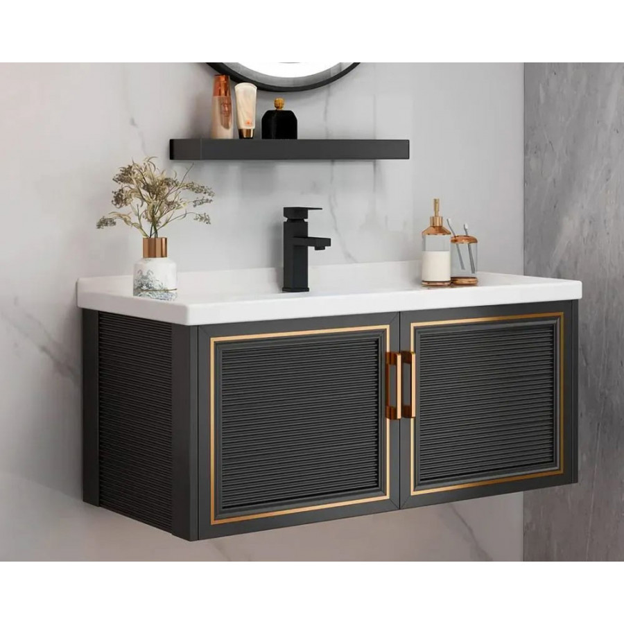 HMR Floating 28" Bathroom Vanity Set Ceramic Sink with Cabinet - Black