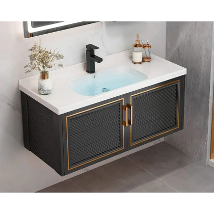 HMR Floating 28" Bathroom Vanity Set Ceramic Sink with Cabinet - Black