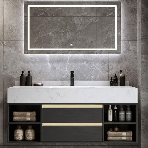 HMR - 39.4" Modern Floating Bathroom Vanity Set with Ceramic Sink 2 Drawers & Open Shelves