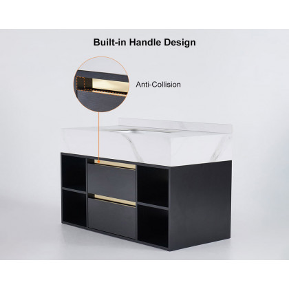 HMR - 39.4" Modern Floating Bathroom Vanity Set with Ceramic Sink 2 Drawers & Open Shelves