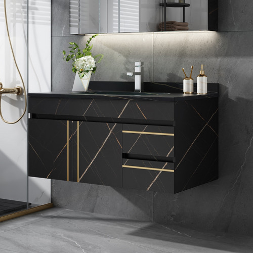 HMR - 35" Faux Marble Floating Bathroom Vanity with Single Ceramic Sink in Black