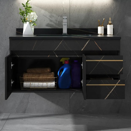HMR - 35" Faux Marble Floating Bathroom Vanity with Single Ceramic Sink in Black