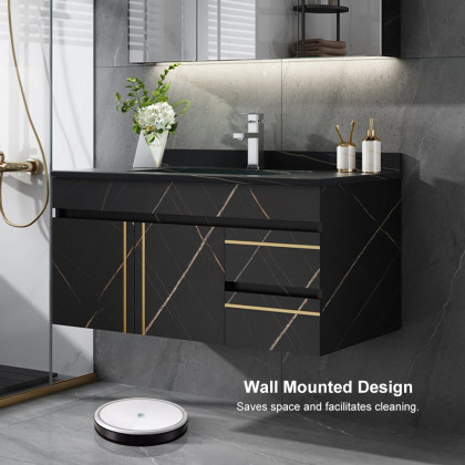 HMR - 35" Faux Marble Floating Bathroom Vanity with Single Ceramic Sink in Black