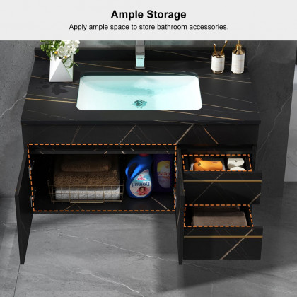 HMR - 35" Faux Marble Floating Bathroom Vanity with Single Ceramic Sink in Black