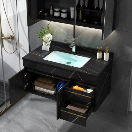 HMR - 35" Faux Marble Floating Bathroom Vanity with Single Ceramic Sink in Black