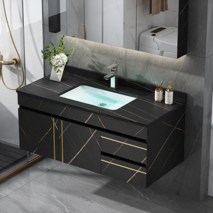 HMR - 35" Faux Marble Floating Bathroom Vanity with Single Ceramic Sink in Black