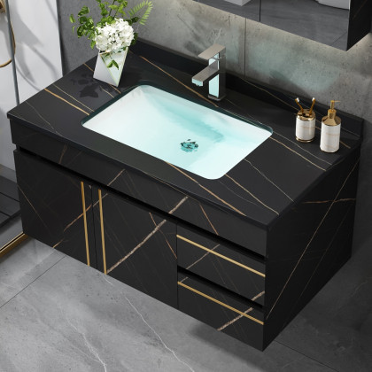 HMR - 35" Faux Marble Floating Bathroom Vanity with Single Ceramic Sink in Black