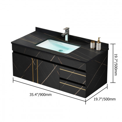 HMR - 35" Faux Marble Floating Bathroom Vanity with Single Ceramic Sink in Black