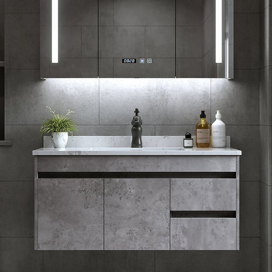 HMR - 36" Floating Bathroom Vanity with Sink Wall Mounted in Faux Marble Vessel