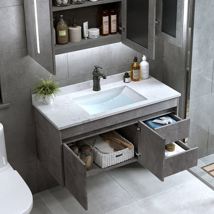 HMR - 36" Floating Bathroom Vanity with Sink Wall Mounted in Faux Marble Vessel