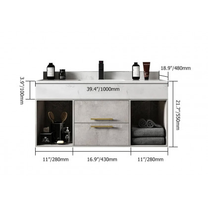 HMR - 40" Floating Bathroom Vanity with Sintered Stone Top in Gray