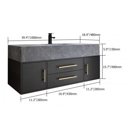HMR - 39" Modern Floating Stone Top Bathroom Vanity Set with Sink
