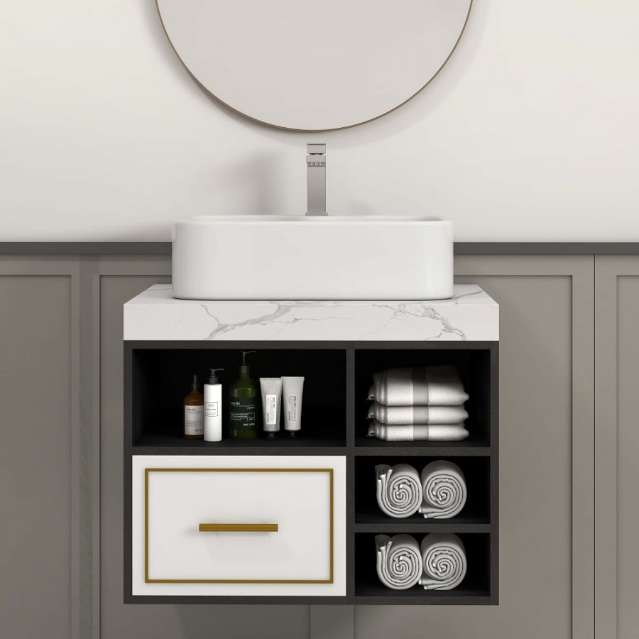 HMR - 23" Floating Bathroom Vanity Ceramic Sink with Drawer in Faux Marble