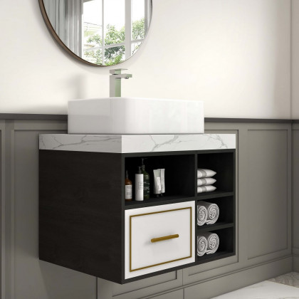 HMR - 23" Floating Bathroom Vanity Ceramic Sink with Drawer in Faux Marble