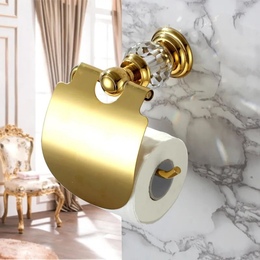 HMR - Charles Luxury Wall-Mounted Crystal Toilet Paper Holder in Solid Brass, Clear