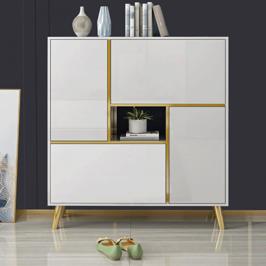 HMR - Modern 17-Pair Shoe Storage Cabinet with 2 Doors and Shelves and Pull-Down Drawers in White