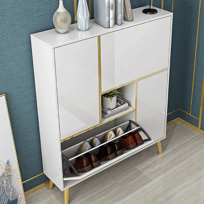 HMR - Modern 17-Pair Shoe Storage Cabinet with 2 Doors and Shelves and Pull-Down Drawers in White